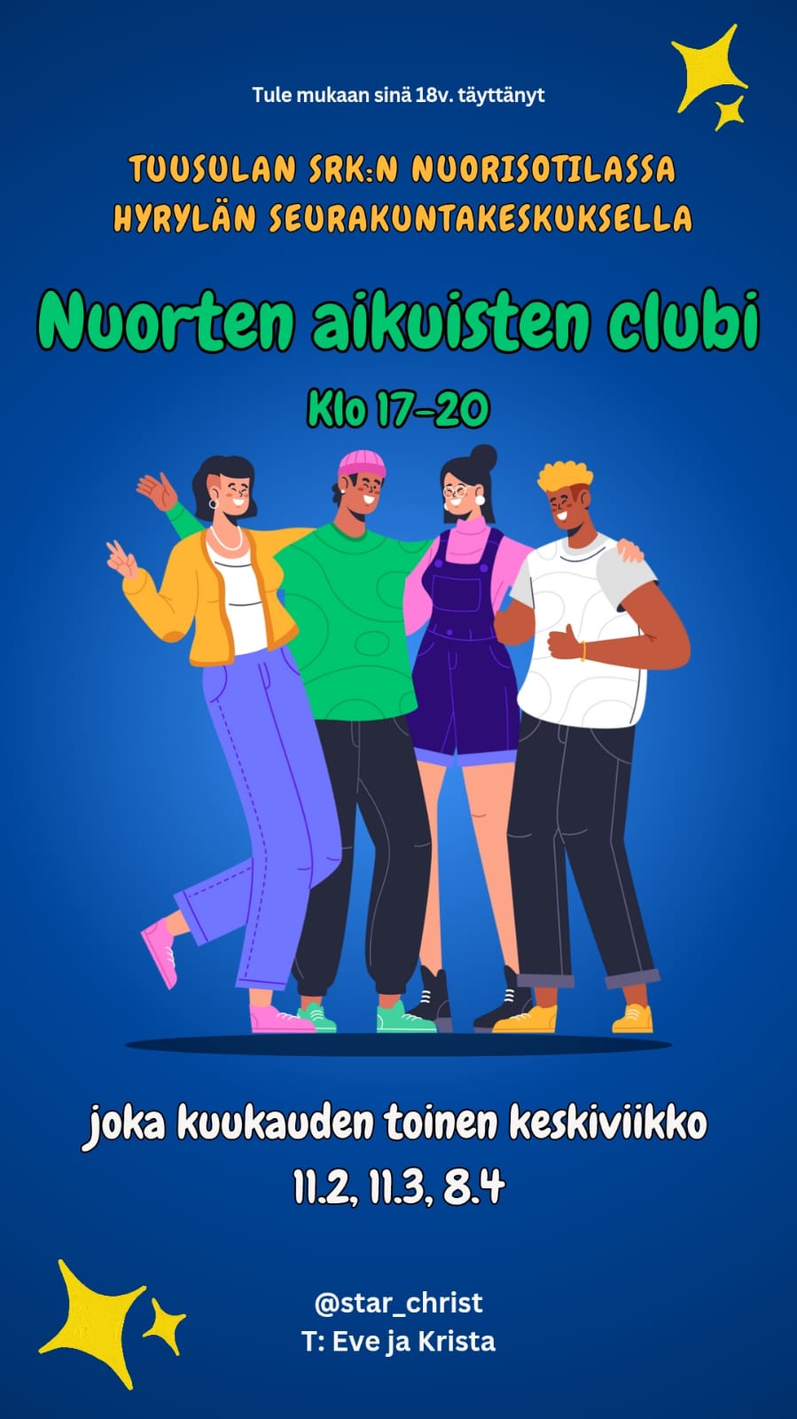 Nuoria aikuisia halaamassa ja nauramassa, clubi-illat ke klo 17-20 11.2, 11.3, 8.4, 6.5. seukkarilla.